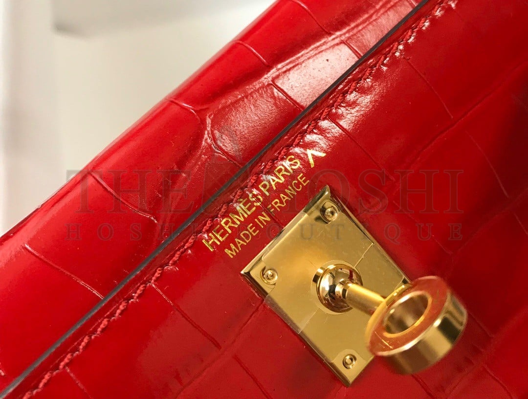 H**me5 Kelly Mini II Sellier Bag In Red Crocodile Embossed Leather Master Quality