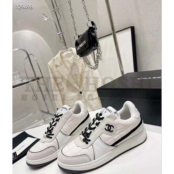 Ch**el Women CC Sneakers Fabric Suede Calfskin Calfskin White Light Gray Master Quality