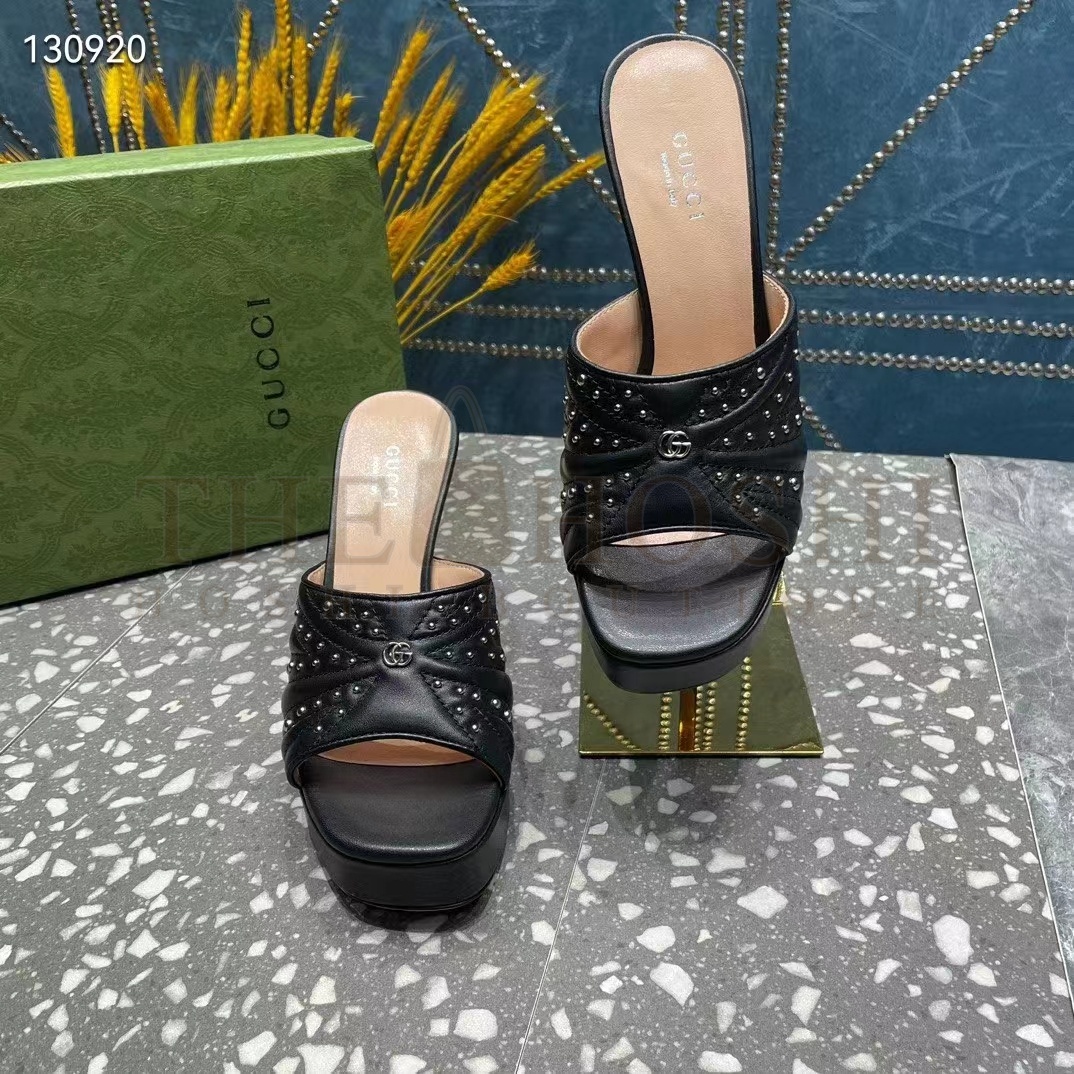 Gvc*1 Women G2 Heeled Slide Sandals Black Leather Studs Spool High 15 Cm Heel Master Quality