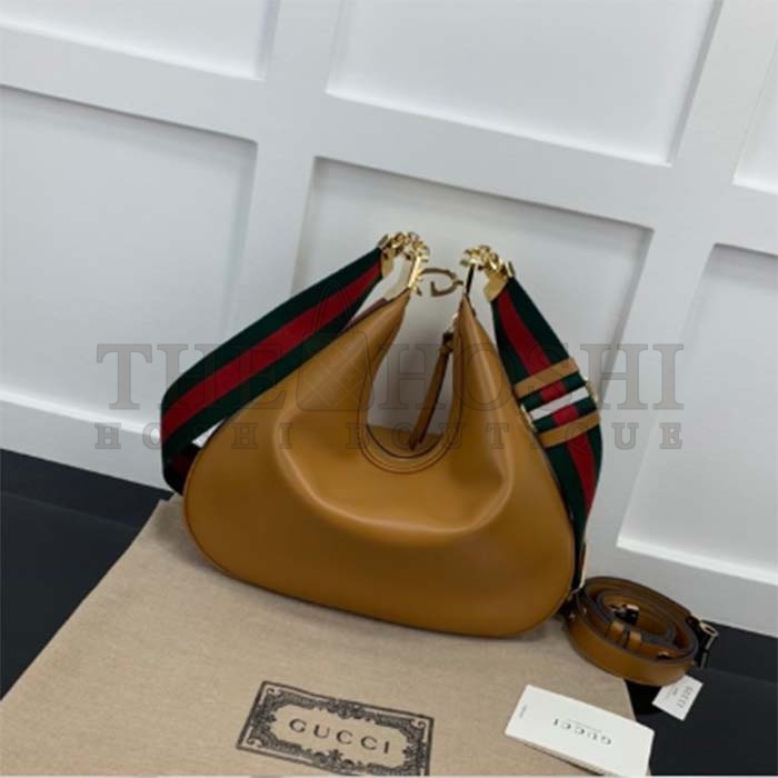 Gvc*1 Women Attache Large Shoulder Bag Dark Orange Leather Green Red Web Master Quality