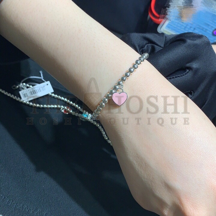 T*f*ny T*f*ny& CO. Pink Heart Tag Bead Bracelet in Silver, 4 mm Master Quality
