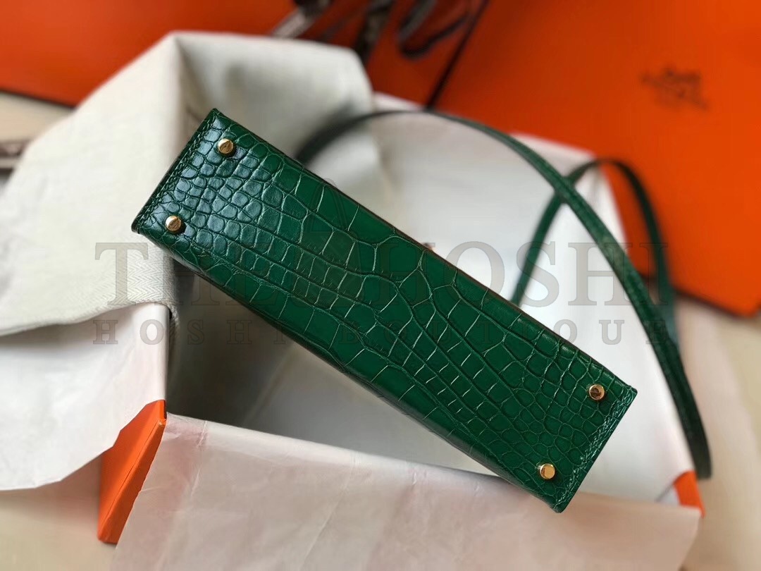 H**me5 Kelly Mini II Bag In Green Crocodile Embossed Leather Master Quality