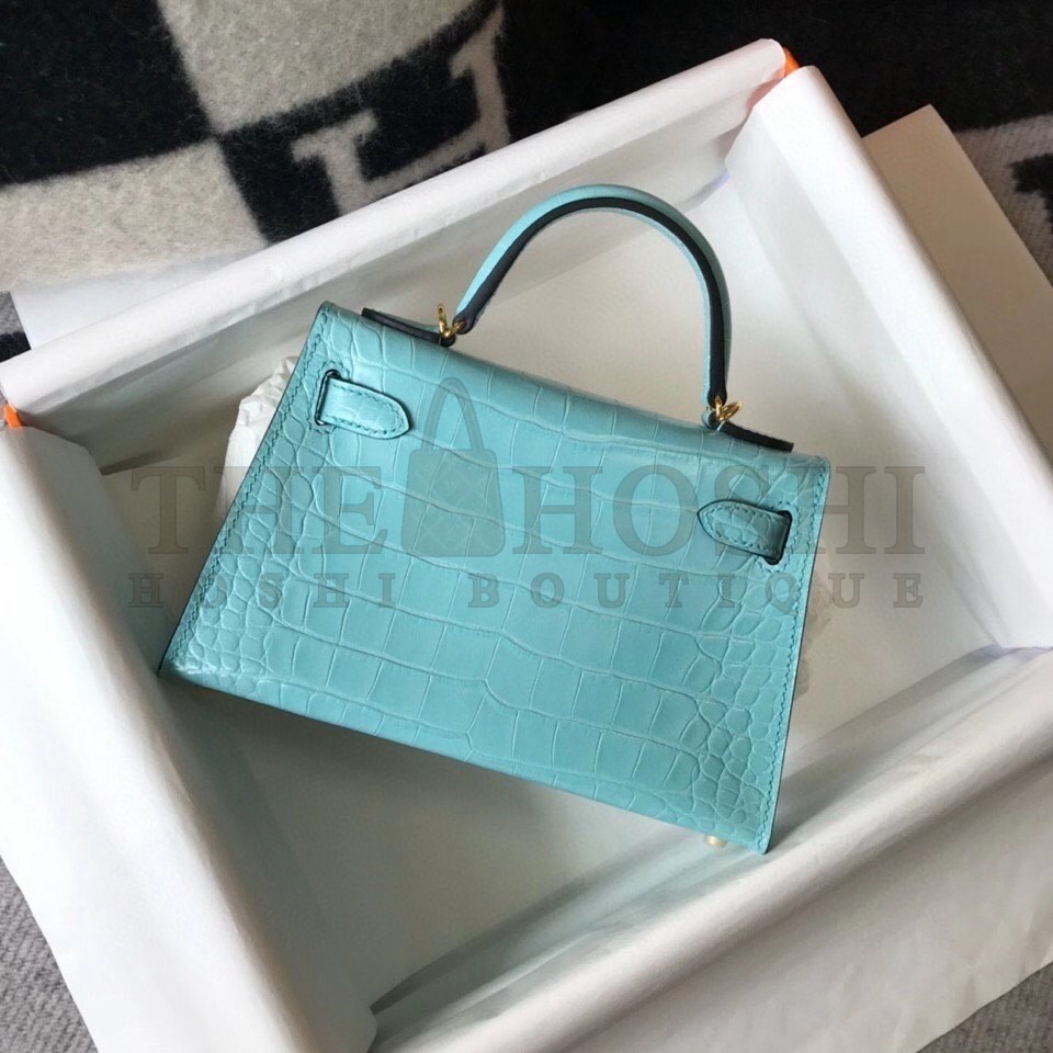 H**me5 Kelly Mini II Bag In Blue Atoll Crocodile Embossed Leather Master Quality