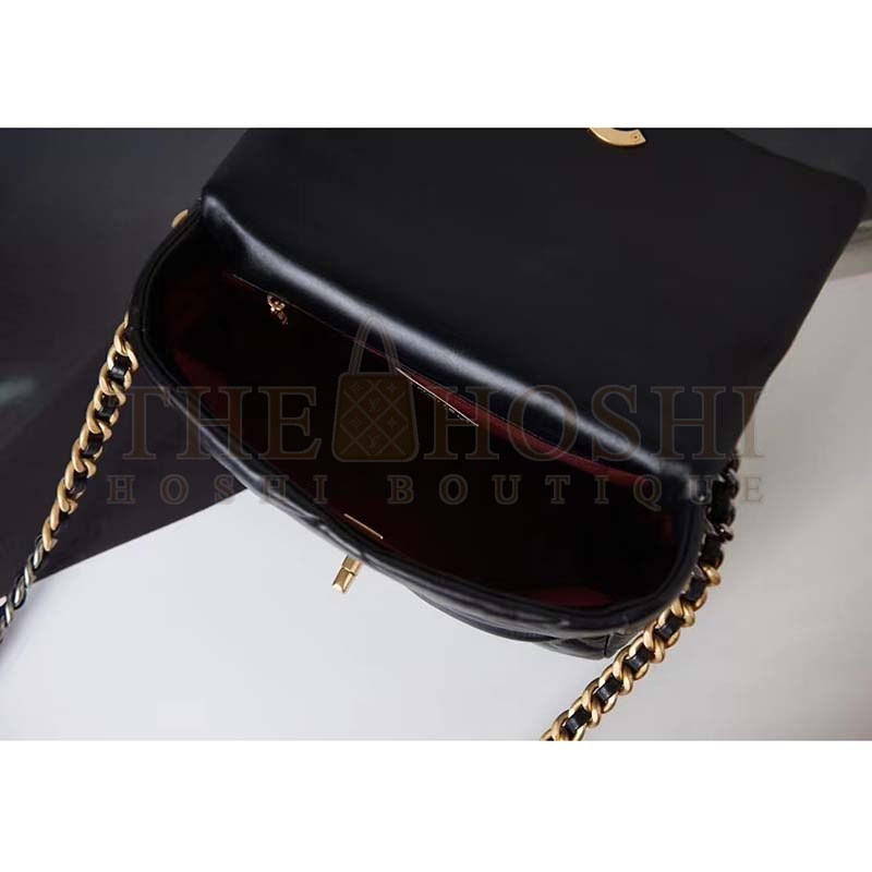 Ch**el Women 19 Handbag Lambskin Gold Silver-Tone Ruthenium-Finish Metal Black Master Quality