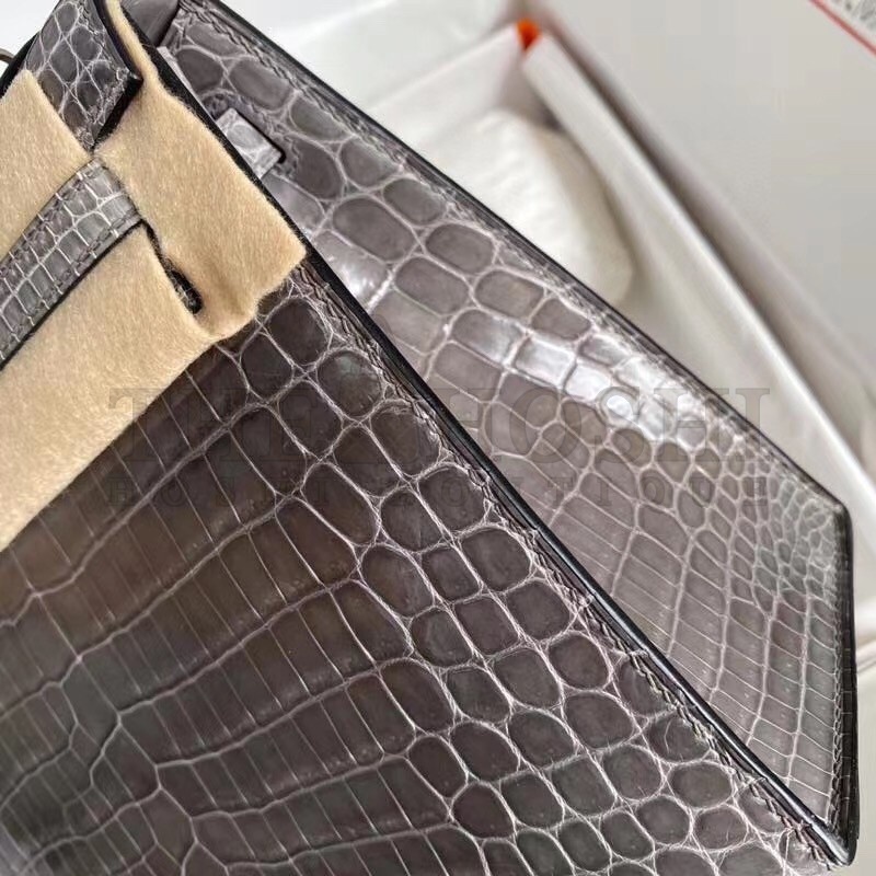 H**me5 Grey Kelly 25cm Shiny Niloticus Crocodile Skin Bag Master Quality