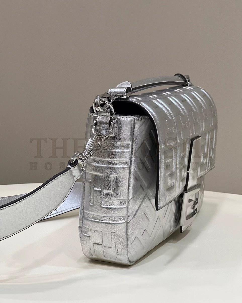 F**di Large Baguette Bag In Silver FF Metallic Leather Master Quality
