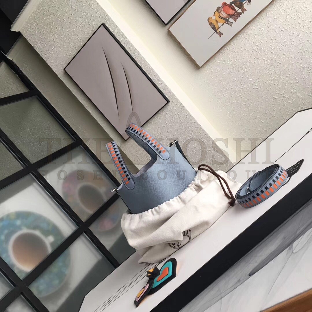 H**me5 Blue Lin Picotin Lock 18cm Bag With Braided Handles Master Quality