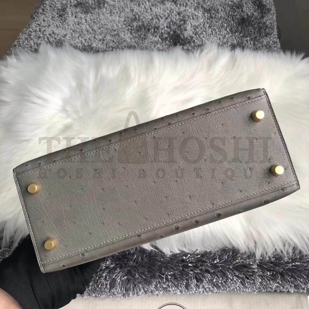 H**me5 Gris Asphalt Ostrich Kelly 25cm Handmade Bag Master Quality