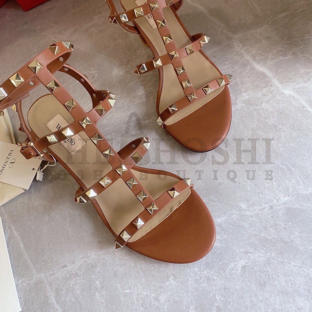 Va1e*ntin0 Rockstud Ankle Strap Sandals 60mm In Brown Calfskin Master Quality