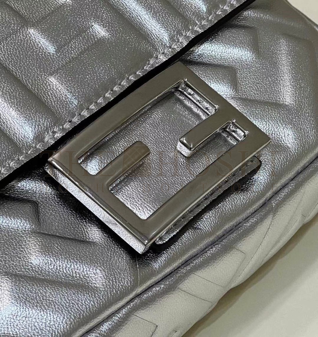 F**di Small Baguette Bag In Silver FF Metallic Leather Master Quality