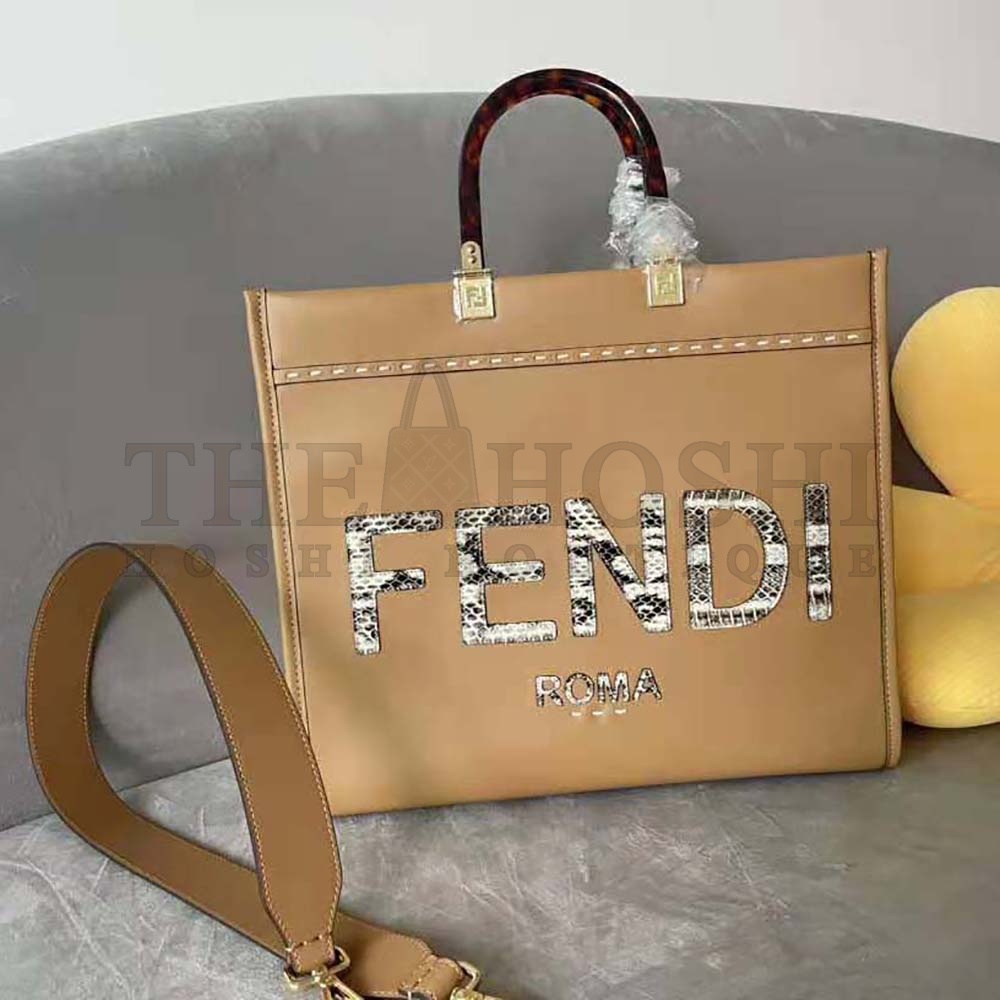 F**di Women Sunshine Medium Light Brown Leather and Elaphe Shopper Bag Master Quality