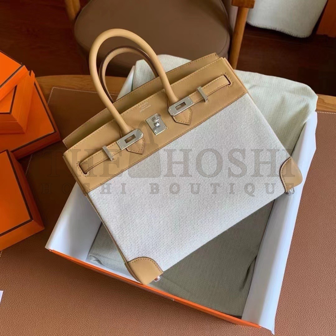 H**me5 Birkin 25 Handmade Bag In Toile &amp; Biscuit Swift Leather Master Quality