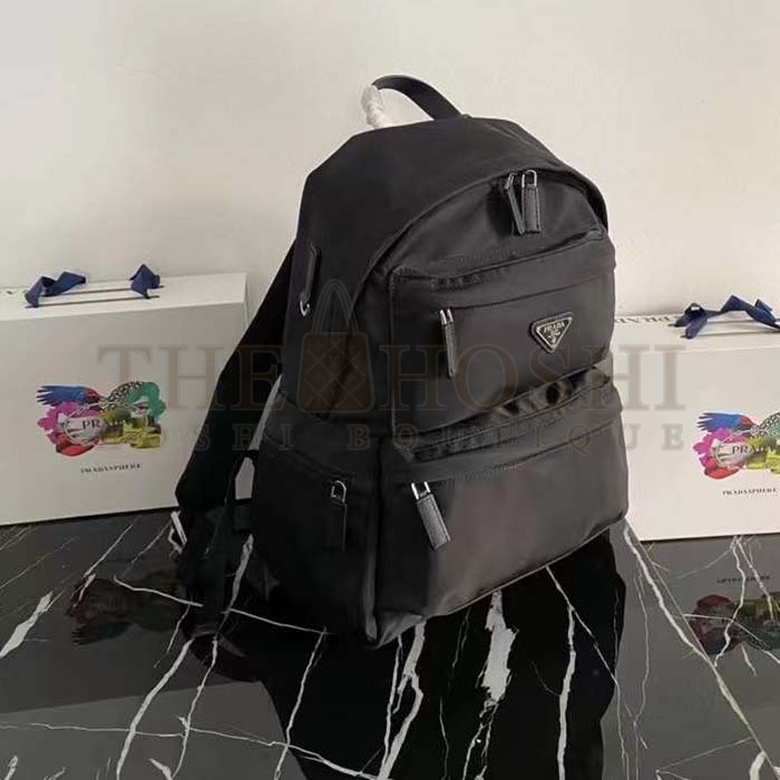 Pra*a Unisex Re-Nylon Saffiano Leather Backpack Black Fabric Zipper Master Quality