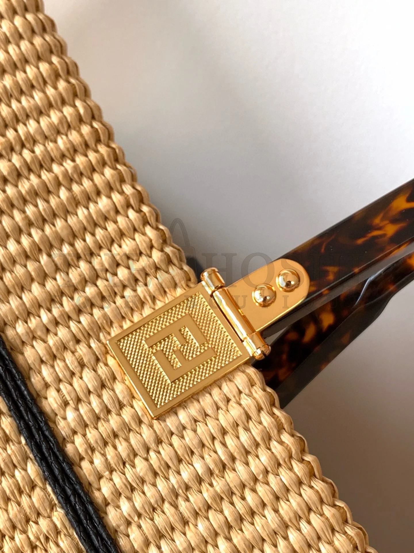 F**di Sunshine Medium Tote Bag in Black and Natural Straw Master Quality