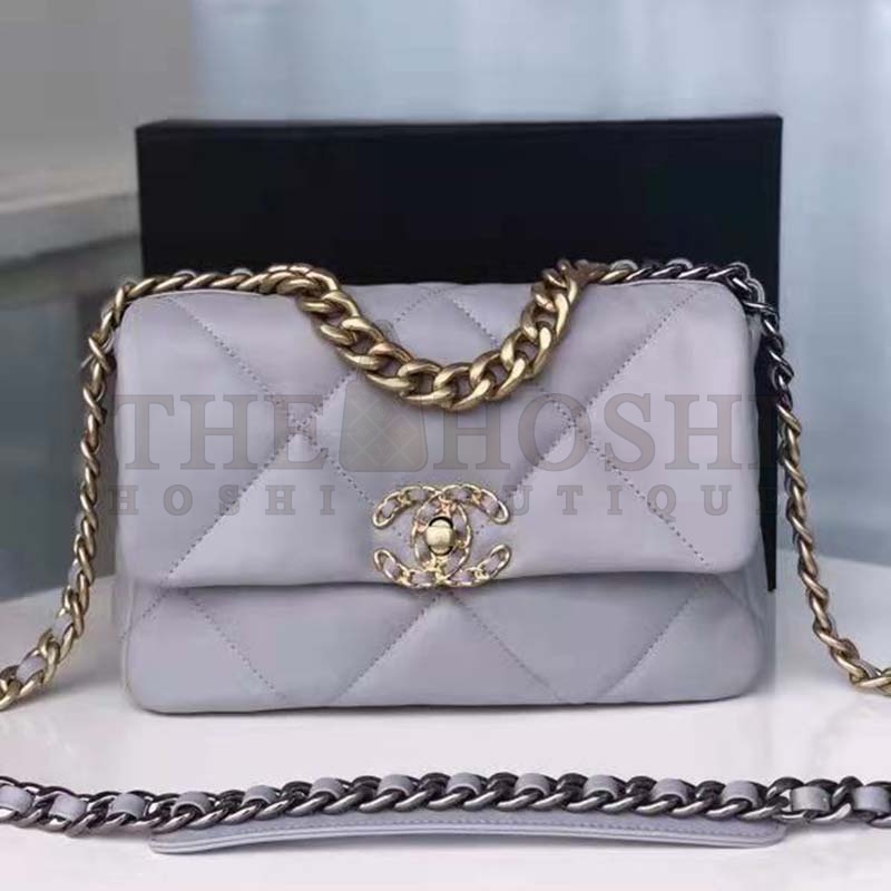 Ch**el Women 19 Flap Bag Lambskin Iridescent Gold Silver-Tone Metal Grey Master Quality