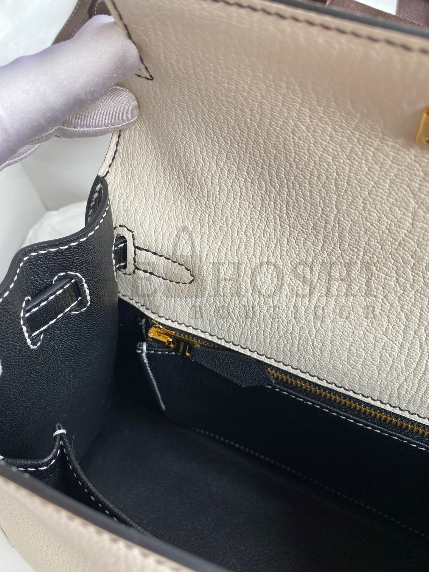 H**me5 Kelly Sellier 25 Bicolor Bag in White and Black Mysore Goatskin Master Quality