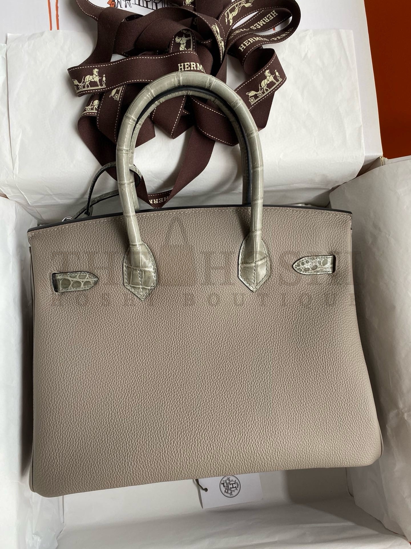 H**me5 Touch Birkin 30 Bag In Gris Asphalt Clemence and Shiny Niloticus Crocodile Skin Master Quality