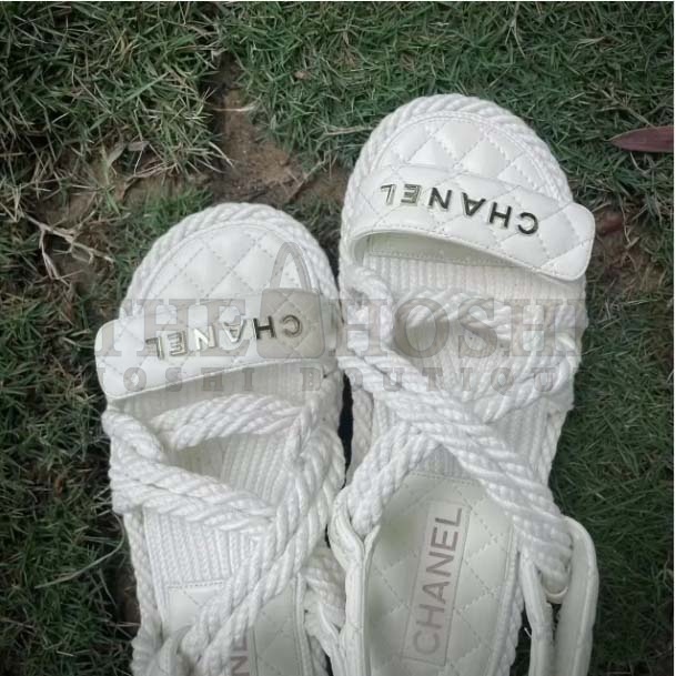 Ch**el Women CC Cotton Tweed White Sandals Calfskin Leather Cotton 1 CM Heel Master Quality