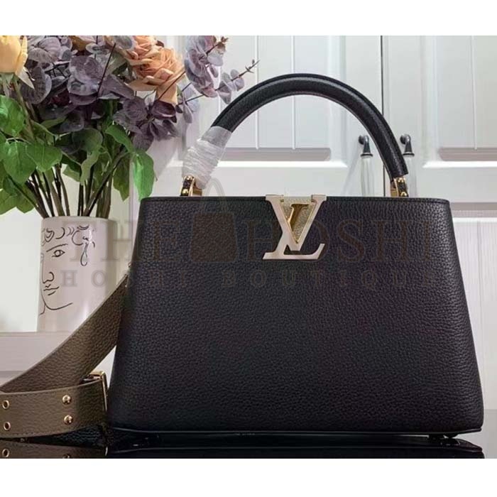 L0vis Vvtt0n LV Women Capucines MM Handbag Black Fusain Cognac Taurillon Cowhide Leather Master Quality