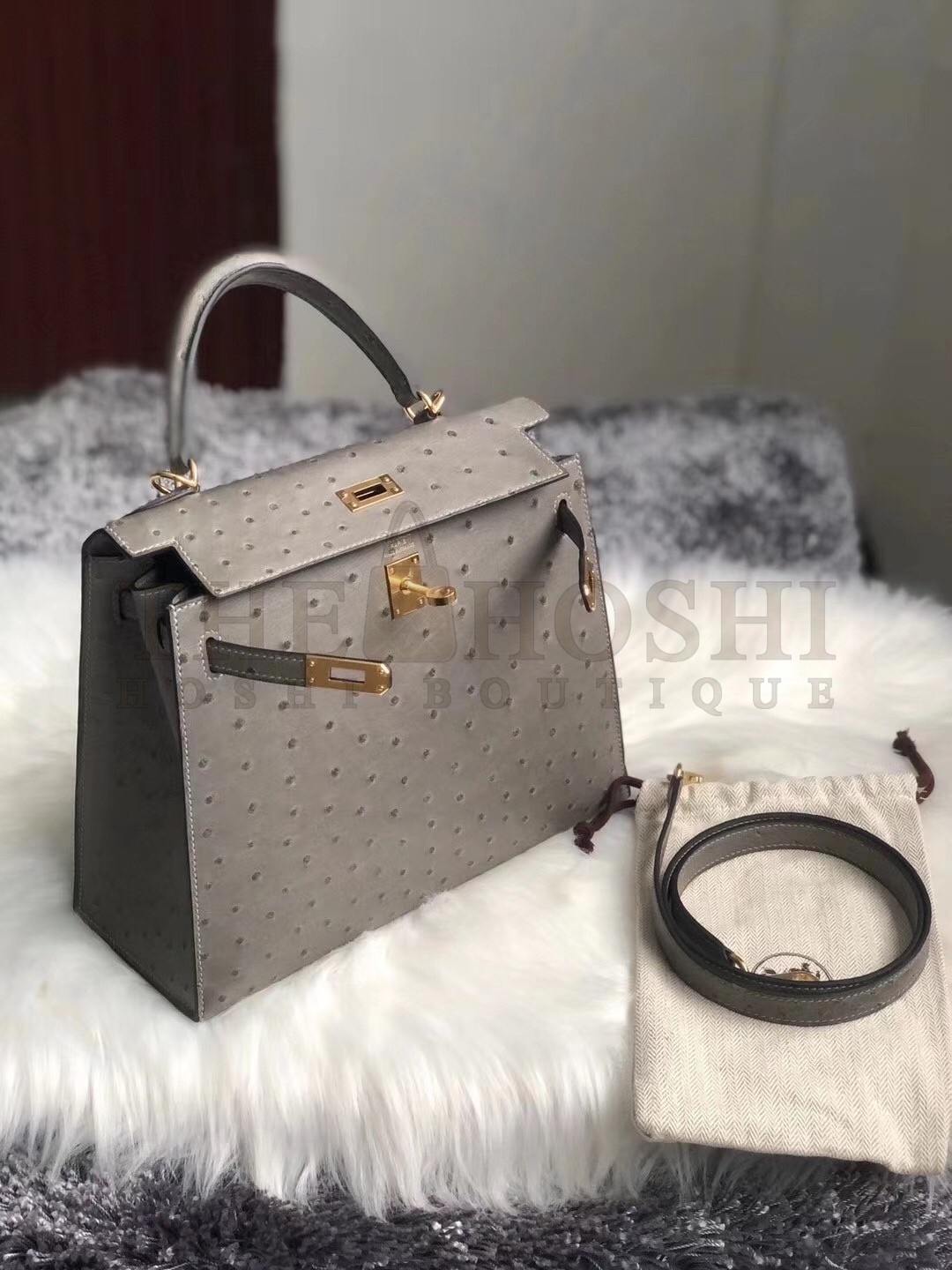 H**me5 Gris Asphalt Ostrich Kelly 25cm Handmade Bag Master Quality