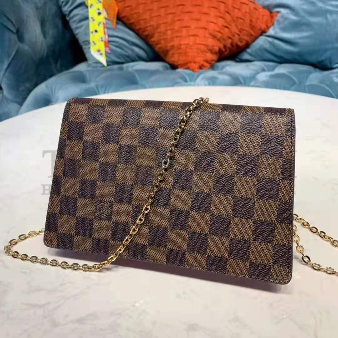 L0vis Vvtt0n LV Women Croisette Chain Wallet Magnolia Pink Damier Ebene Coated Canvas Master Quality