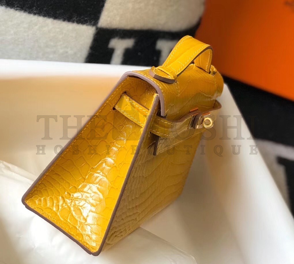 H**me5 Kelly Pochette Bag In Yellow Embossed Crocodile Leather Master Quality