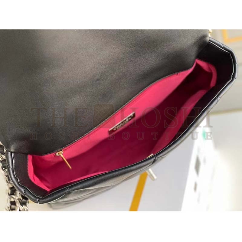 Ch**el Women 19 Large Handbag Lambskin Gold Silver-Tone Ruthenium-Finish Metal Black Master Quality