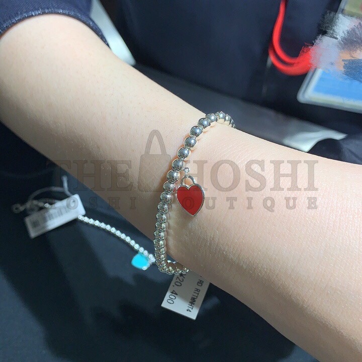 T*f*ny T*f*ny& CO. Pink Heart Tag Bead Bracelet in Silver, 4 mm Master Quality