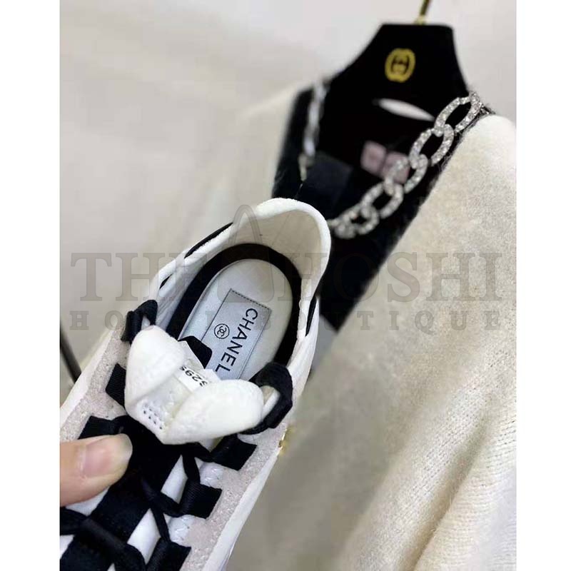 Ch**el Women Sneakers Suede Calfskin Nylon &amp; Grosgrain White Gray &amp; Yellow Master Quality