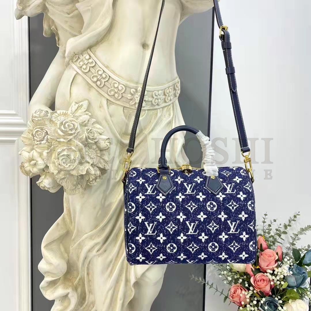 L0vis Vvtt0n LV Women Speedy Bandoulière 25 Handbag Navy Blue Denim Jacquard Calfskin Master Quality