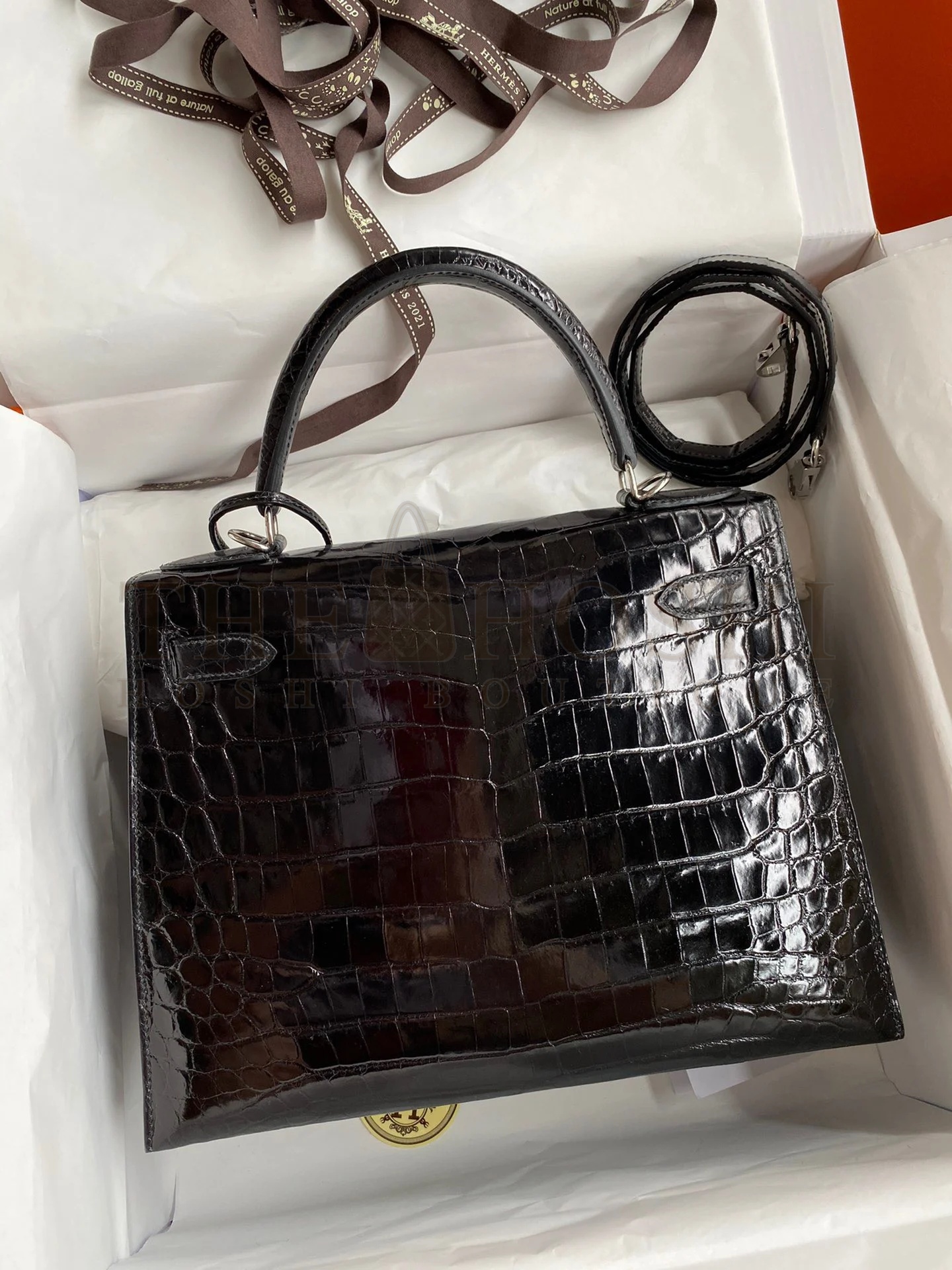 H**me5 Kelly Sellier 28 Handmade Bag In Black Crocodile Niloticus Shiny Skin Master Quality
