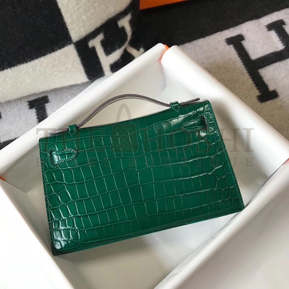 H**me5 Kelly Pochette Bag In Green Embossed Crocodile Leather Master Quality