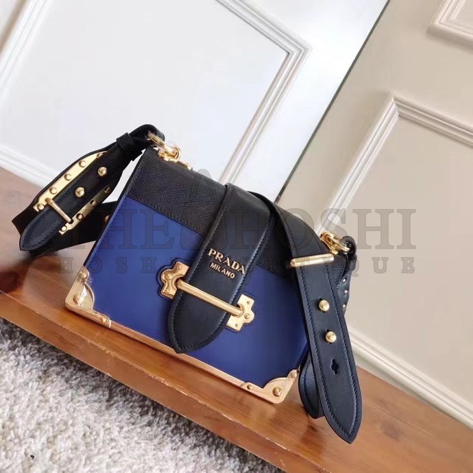 Pra*a Cahier Shoulder Bag In Blue/Black Leather Master Quality