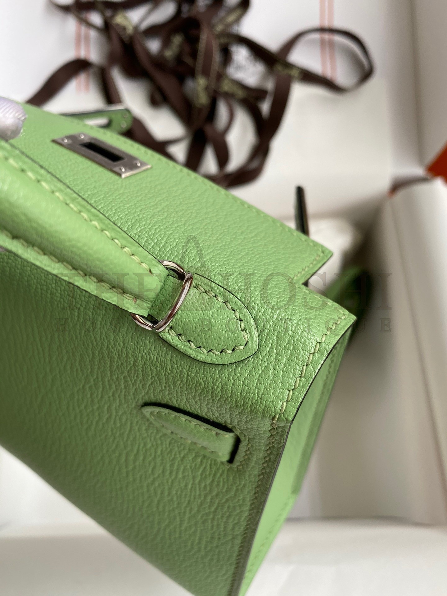 H**me5 Kelly Mini II Sellier Handmade Bag In Vert Criquet Chevre Mysore Leather Master Quality