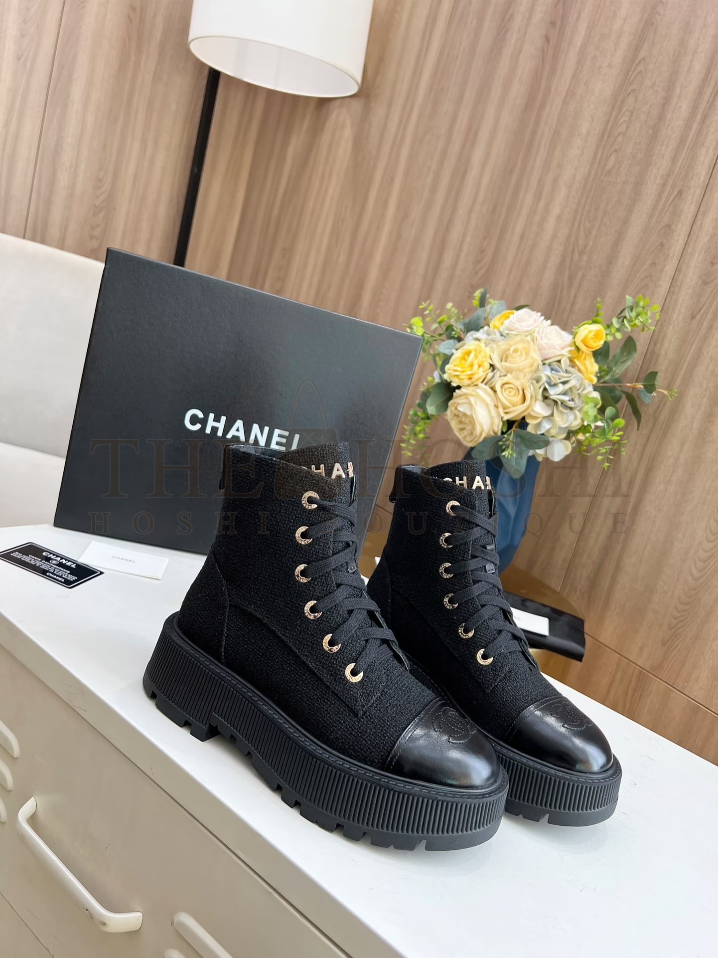 Ch**el  Shiny Lambskin Quilted Lace Up Combat Boots Master Quality