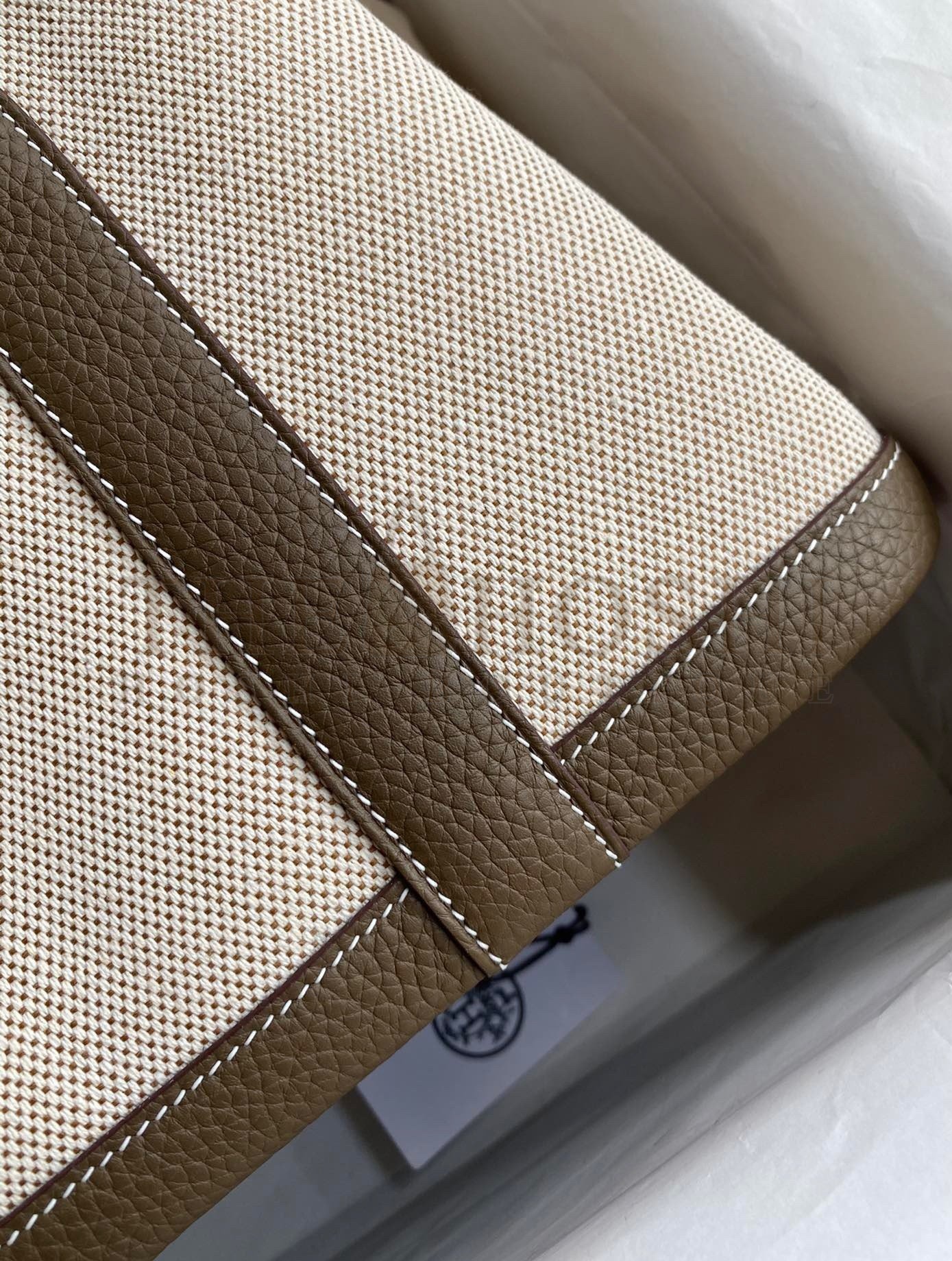 H**me5 Garden Party 30 Handmade Bag in Toile and Taupe Leather Master Quality