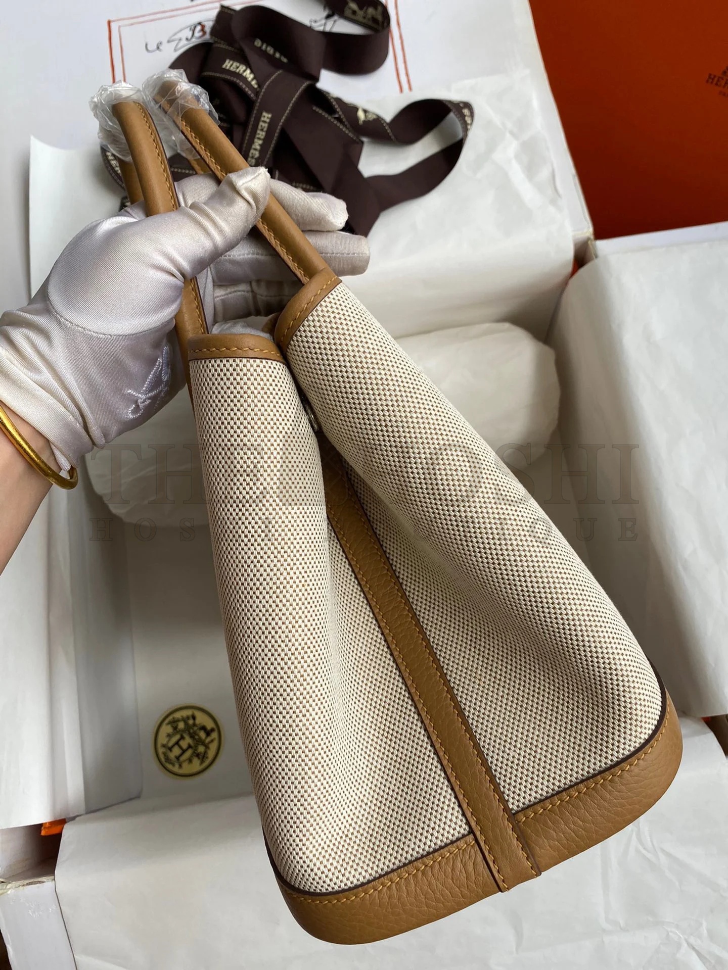 H**me5 Garden Party 30 Handmade Bag in Toile and Biscuit Leather Master Quality