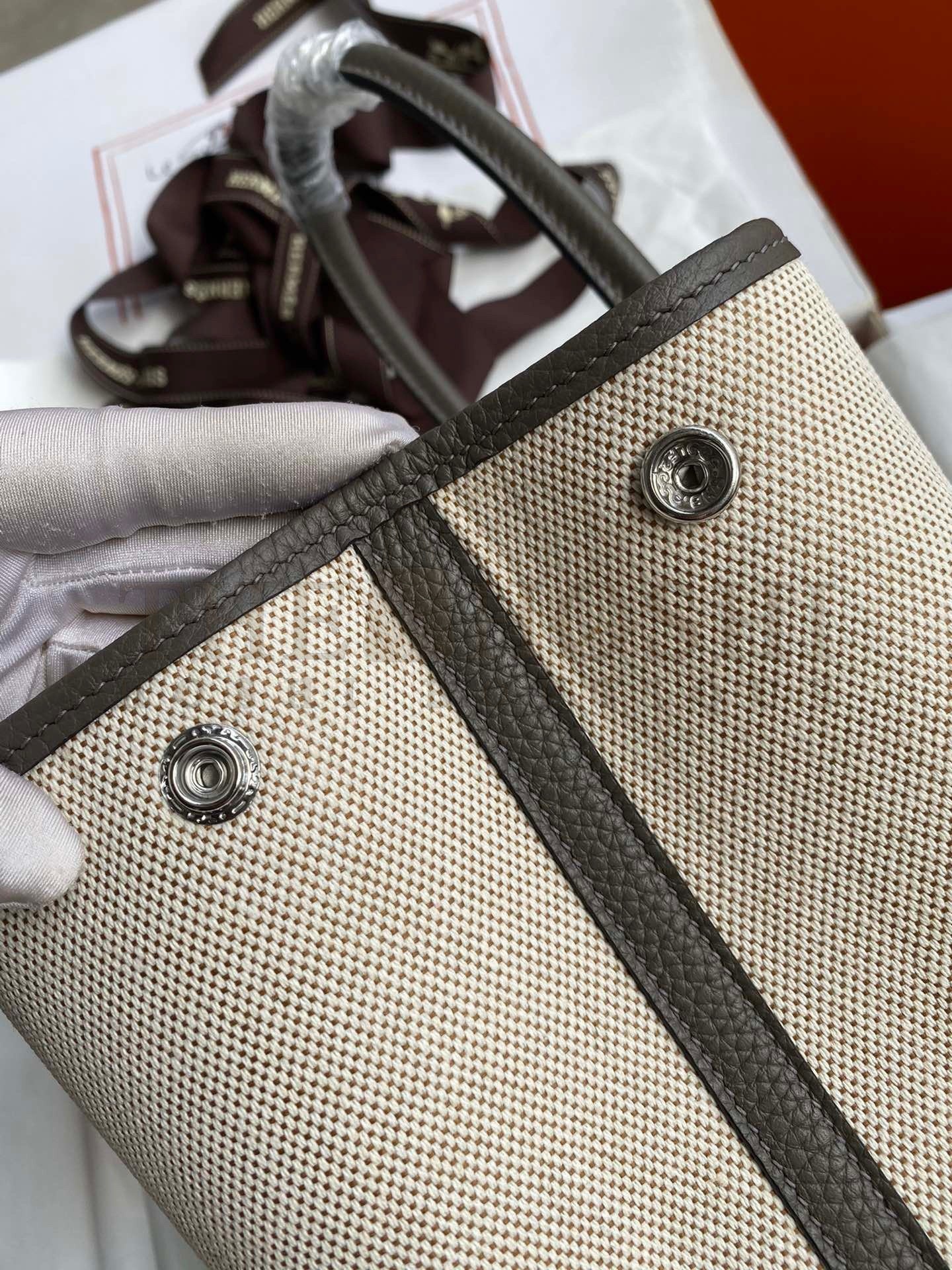 H**me5 Garden Party 30 Handmade Bag in Toile and Etain Leather Master Quality