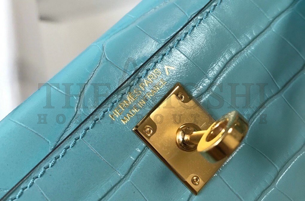 H**me5 Kelly Mini II Bag In Blue Atoll Embossed Crocodile Calfskin Master Quality