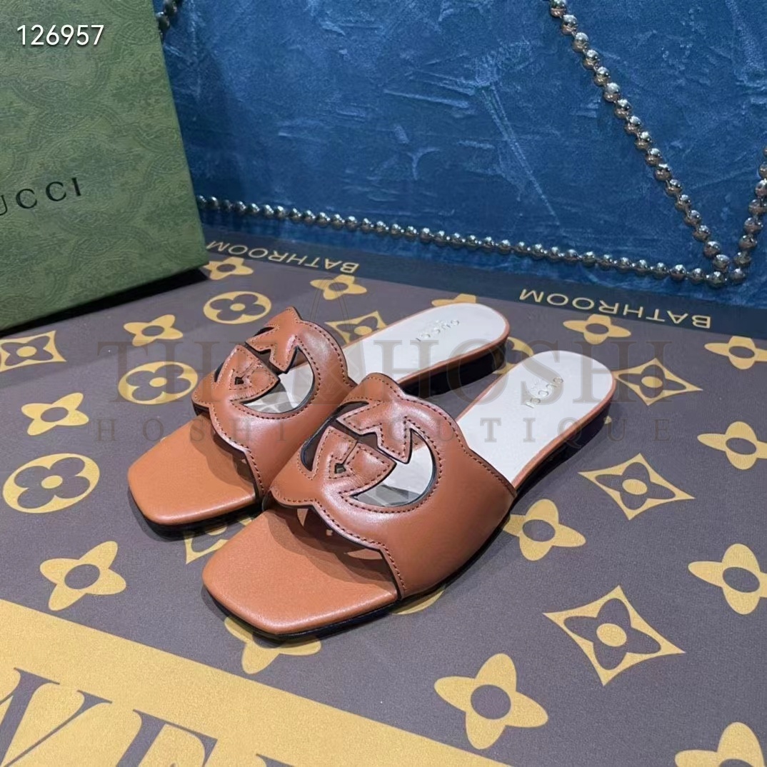 Gvc*1 Unisex Interlocking G Slide Sandals Orange Leather Cut-Out Flat Master Quality
