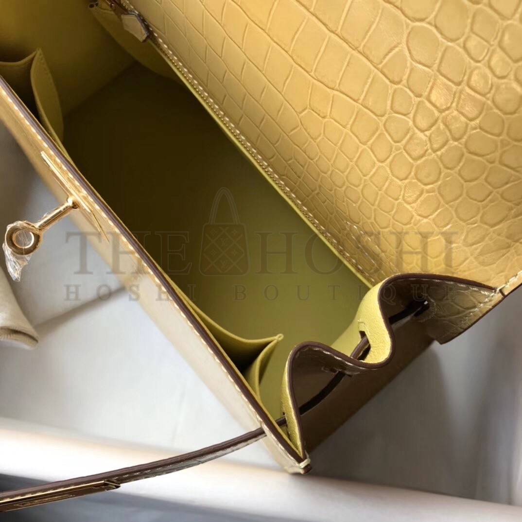 H**me5 Kelly 25cm Bag In Jaune Poussin Embossed Crocodile Master Quality