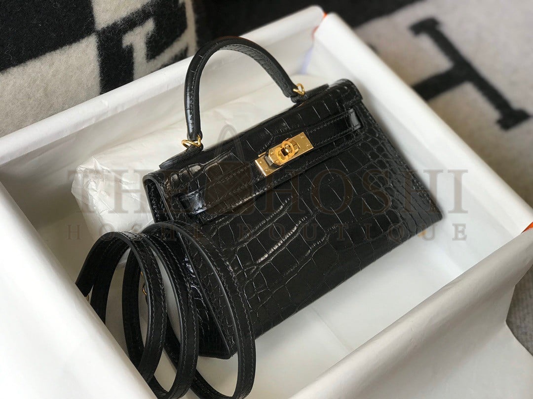 H**me5 Kelly Mini II Sellier Bag In Black Crocodile Embossed Leather Master Quality