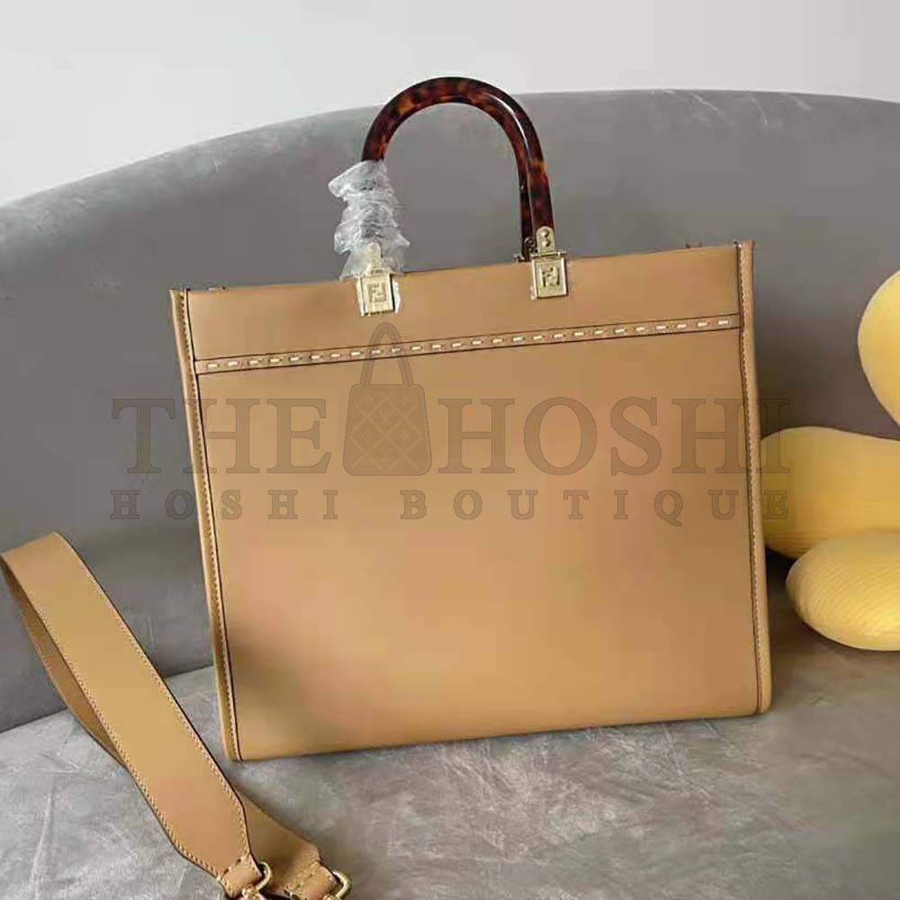 F**di Women Sunshine Medium Light Brown Leather and Elaphe Shopper Bag Master Quality