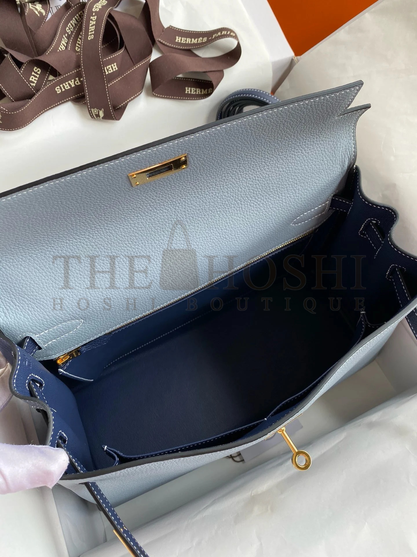 H**me5 HSS Kelly 32 Bicolor Bag in Blue Lin and Blue Clemence Leather Master Quality