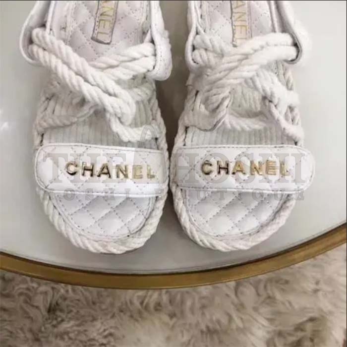 Ch**el Women CC Cotton Tweed White Sandals Calfskin Leather Cotton 1 CM Heel Master Quality