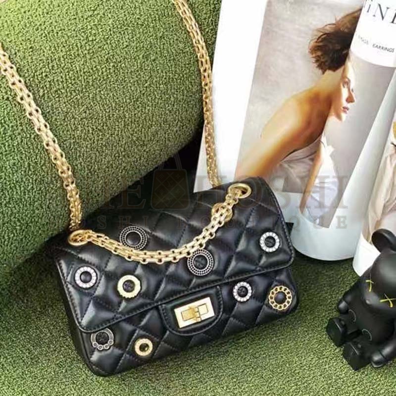 Ch**el Women CC 2.55 Handbag Calfskin Strass Glass Pearls Gold Silver Tone Black Master Quality