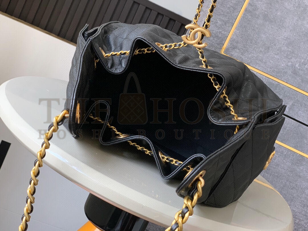 Ch**el 25C AS5631 Hobo Drawstring Bag Black Caviar Leather with Gold Chain 40*15*30CM Master Quality