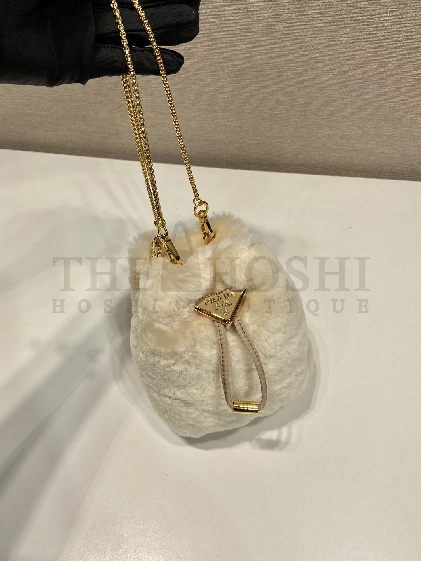 Pra*a Women Sheepskin Mini Pouch-Beige bag 9 x 9.5 x 6 cm Master Quality