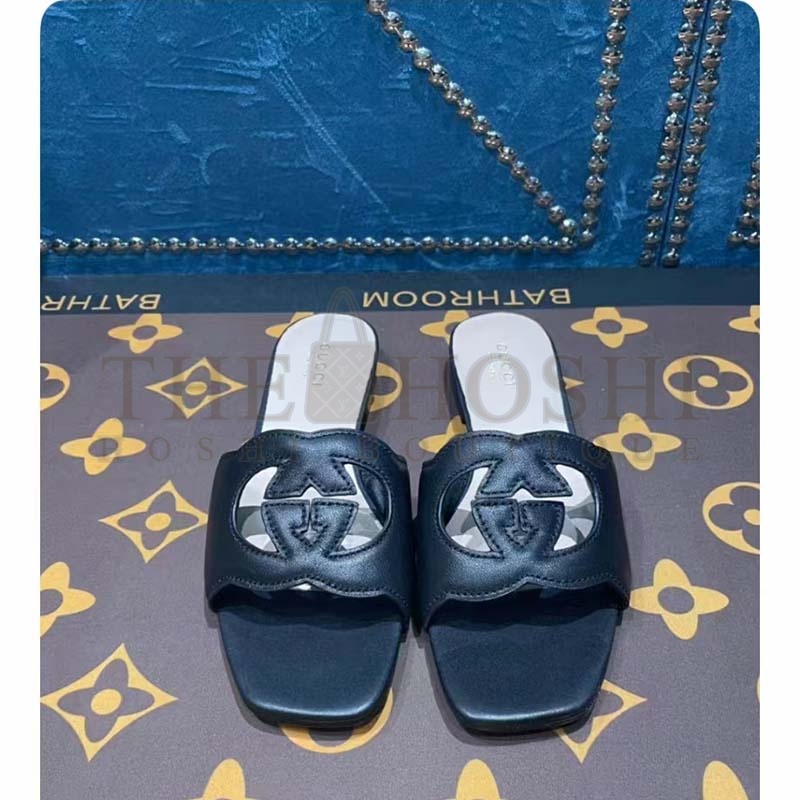 Gvc*1 Unisex Interlocking G Slide Sandals Black Leather Cut-Out Flat Master Quality