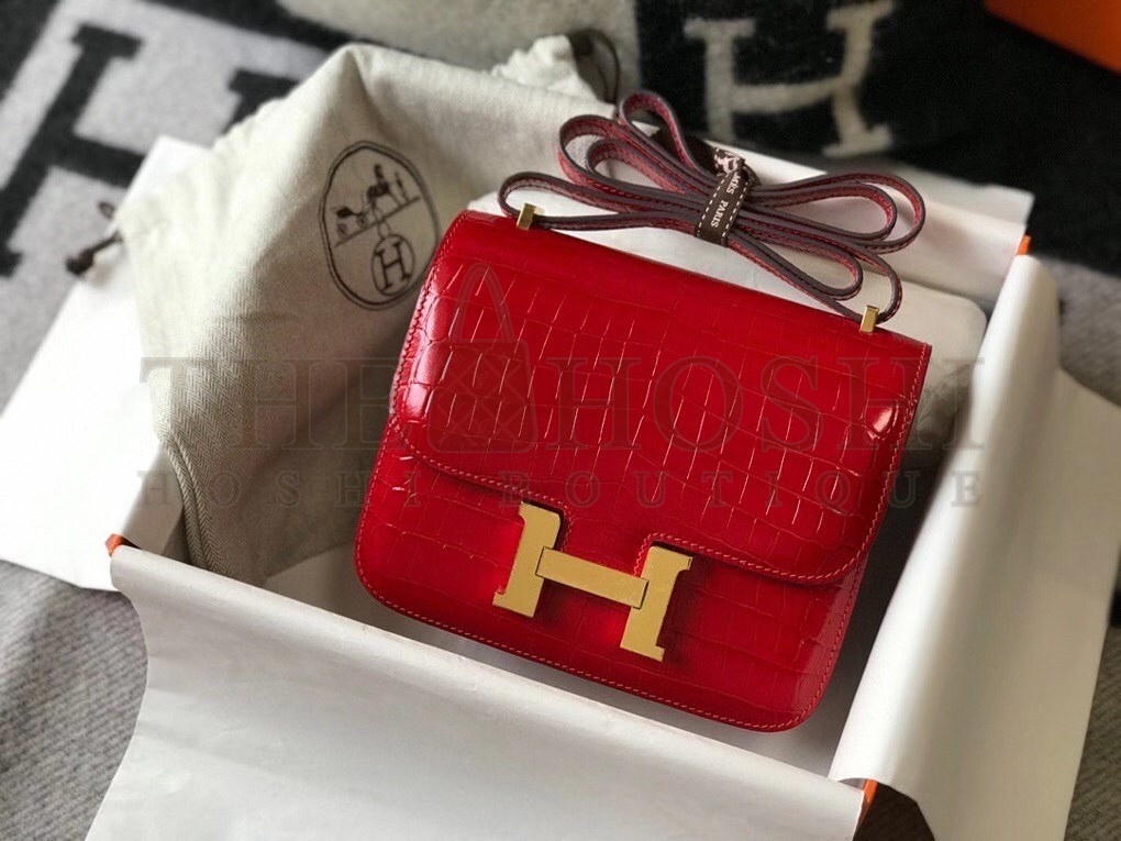 H**me5 Constance 18cm Bag In Red Embossed Crocodile Master Quality